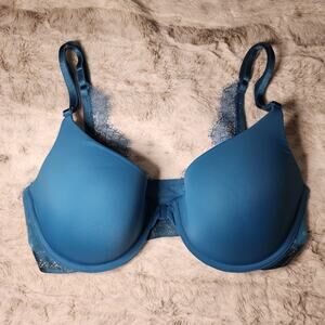 NWOT Victoria's Secret Blue Lace Front Close T-Shirt Lightly Lined Demi Bra 32D